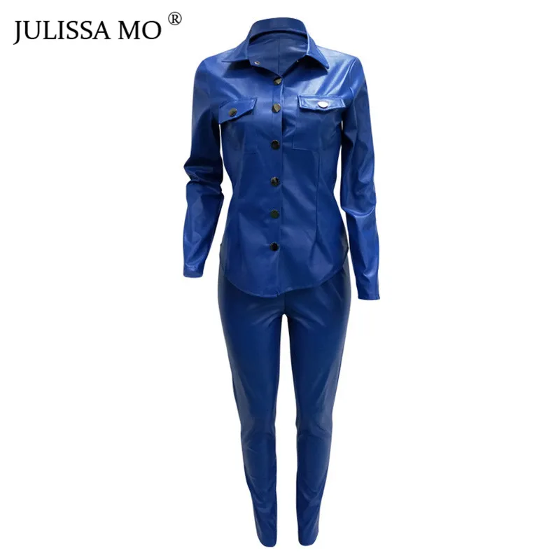 Темно-синий Julissa mo 2 шт. набор из искусственной кожи спортивный костюм женский комбинезон с длинным рукавом футболка+ брюки с высокой талией повседневный комбинезон на пуговицах - Цвет: Темно-синий
