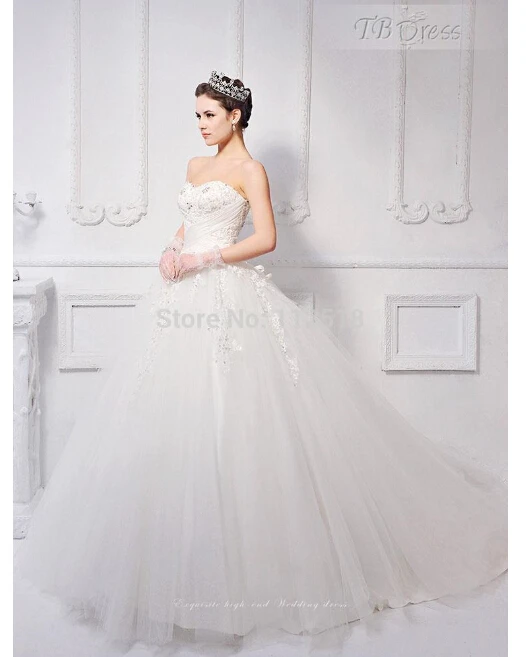 Custom Made Romantic Ball Gown Floor length Court Train Sweetheart Lace Appliques Bridal Wedding Dress 2015 Vestido De Noiva | Свадьбы и