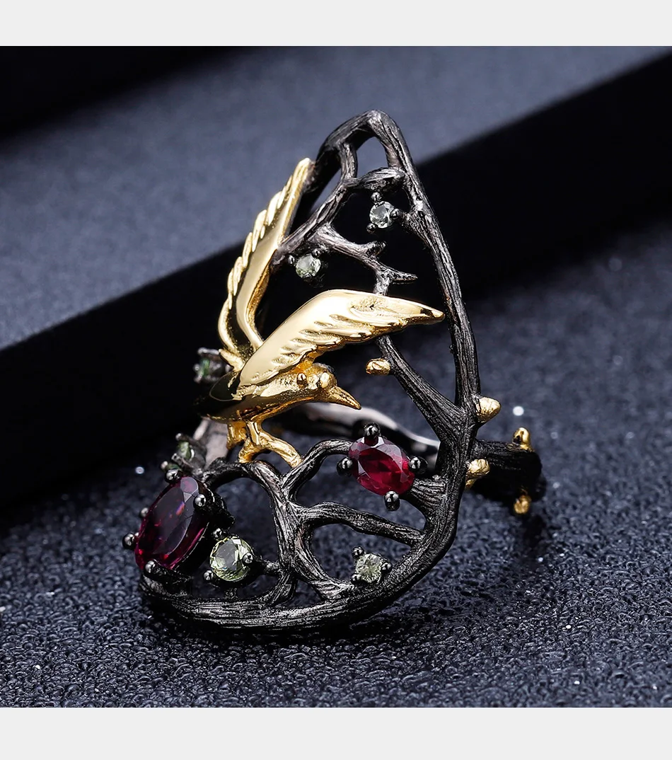 GEM'S балетное 925 пробы Серебряное кольцо ручной работы 0.85Ct натуральный родолит гранат птица дерево Груша Кольца для женщин драгоценные камни ювелирные изделия
