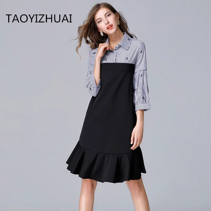 Женское платье в полоску TAOYIZHUAI с отложным воротником и соединением модель