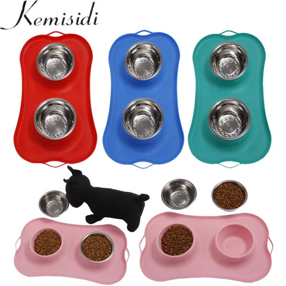 

2018 Pet Dog Feeders Bowl Stainless Steel Double Mouth Dog Silica Gel Bone Type Pet Bowl for Small and Medium Dog Pet Supplies