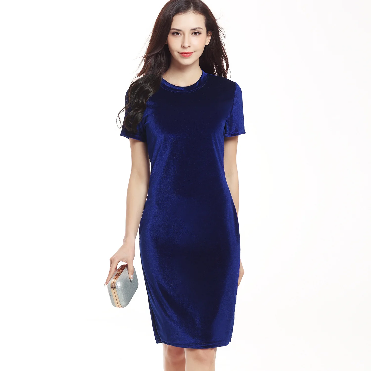 Женское бархатное платье-карандаш с коротким рукавом и круглым вырезом | Женская