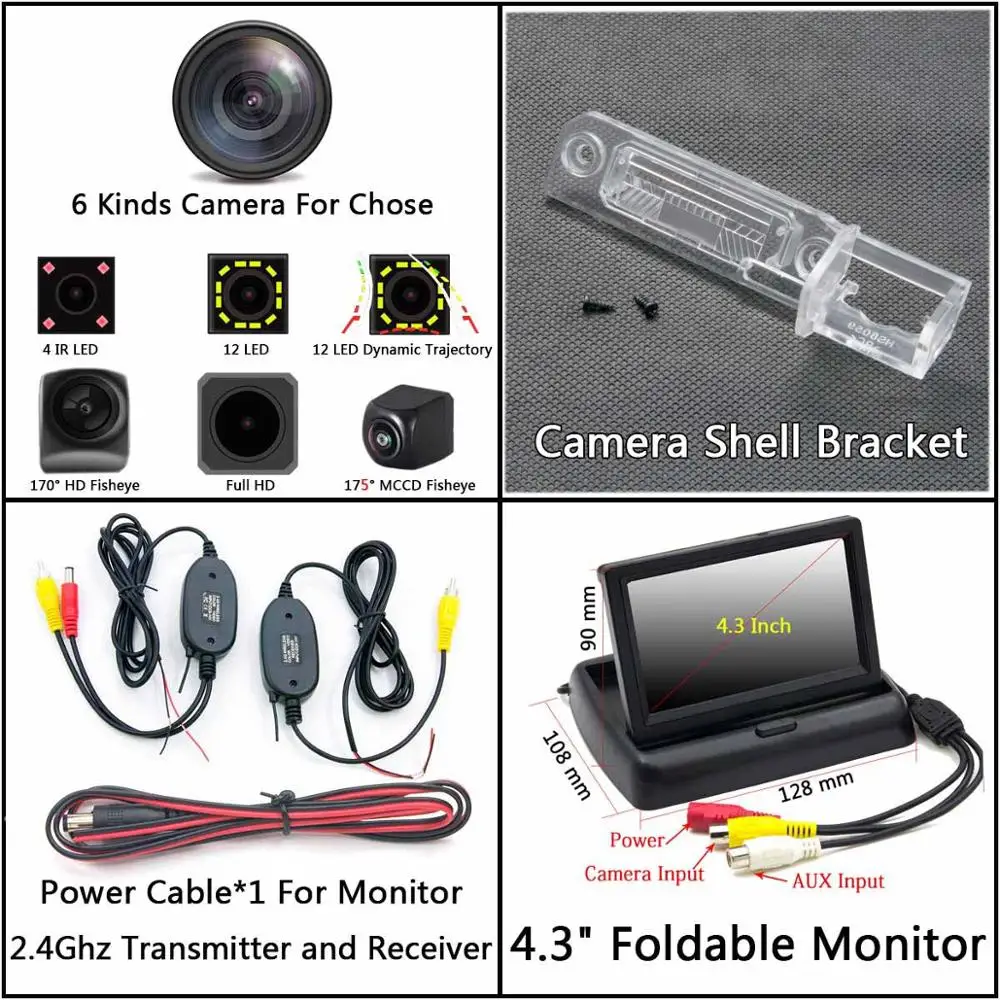 C Wireless 4.3 Fold 175 градусов MCCD рыбий глаз 12LED HD камера заднего вида для Volkswagen VW Passat B6 CC Touran Caddy Golf Plus Touareg 2009 2010 автомобиля - Название цвета: C Wireless 4.3 Fold