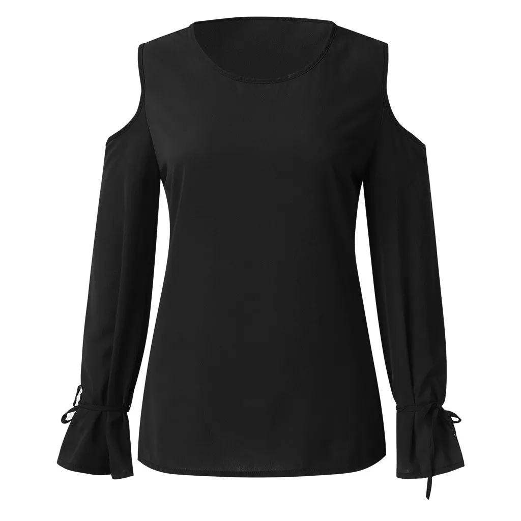 CHAMSGEND Pullover Lace Up Off Shoulder Bandage T-Shirt Round Neck Loose Long Sleeve Solid Color Women Casual Shirts 13.DEC.27