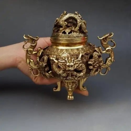 

Chinese Brass Gilt 9 Dragon Incense Burner Censer Incensory Burner Statue.
