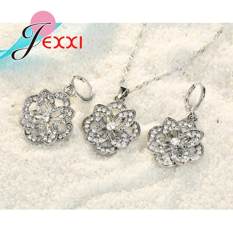 

Shiny Rhinestone Double Layer Flower Pendant Necklace Earrings Sterling Silver Fashion Woman Party Jewelry Set