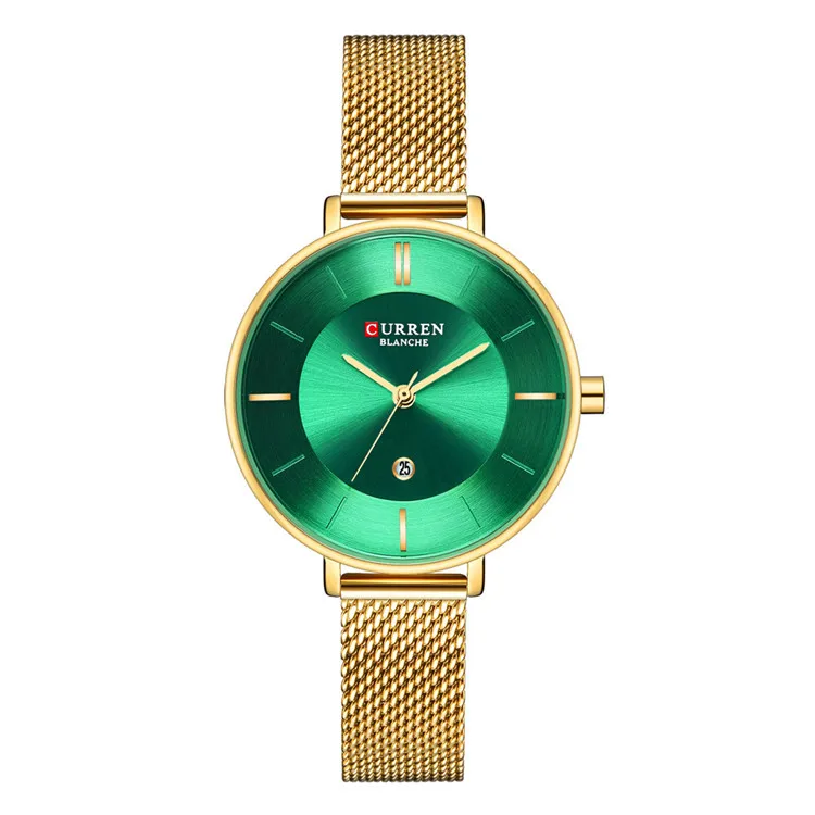 gold green CURREN женские модные часы креативные Женские повседневные часы из нержавеющей стали с сетчатым ремешком стильные дизайнерские серебряные кварцевые часы для женщин - Цвет: gold green