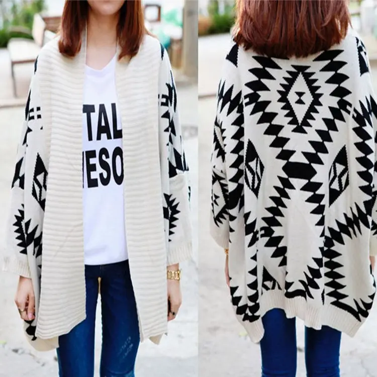 Aztec Knit Womens Cardigans Batwing Sleeve Stripe Cardigan Black Vintage Pop Style Geometric Sweater 3 colors available |