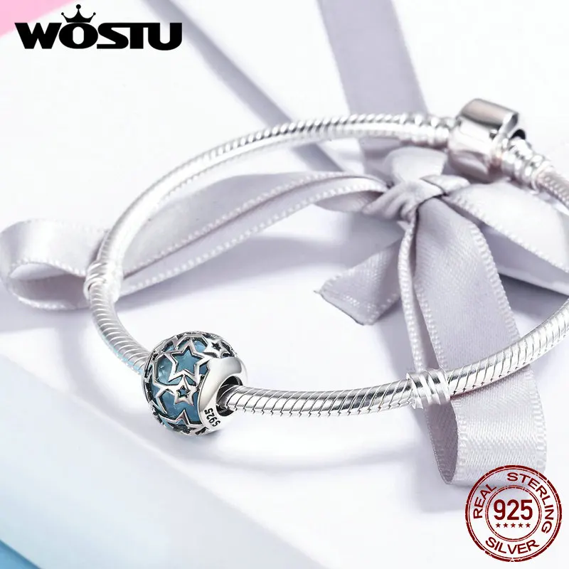 WOSTU 925 пробы серебряные Мерцающие Звезды ажурные синие хрустальные бусины
