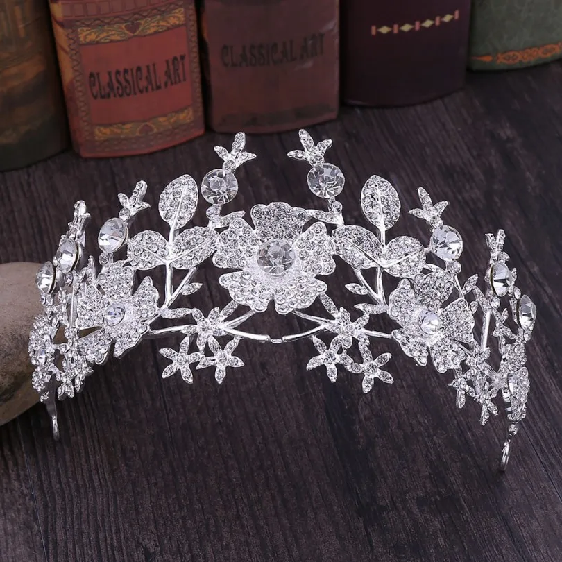 Silver White Барокко золотые короны королева свадебные диадемы лист цветок невесты корона принцессы со стразами ободки свадебные аксессуары для волос украшения на голову - Окраска металла: Silver White