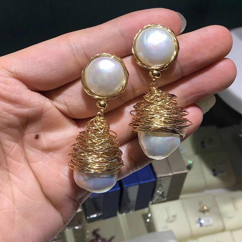 

ANI 14K Roll Gold Handmade Women Drop Earring Natural Freshwater White Pearl Earring Dangle brincos para as mulheres Baroque