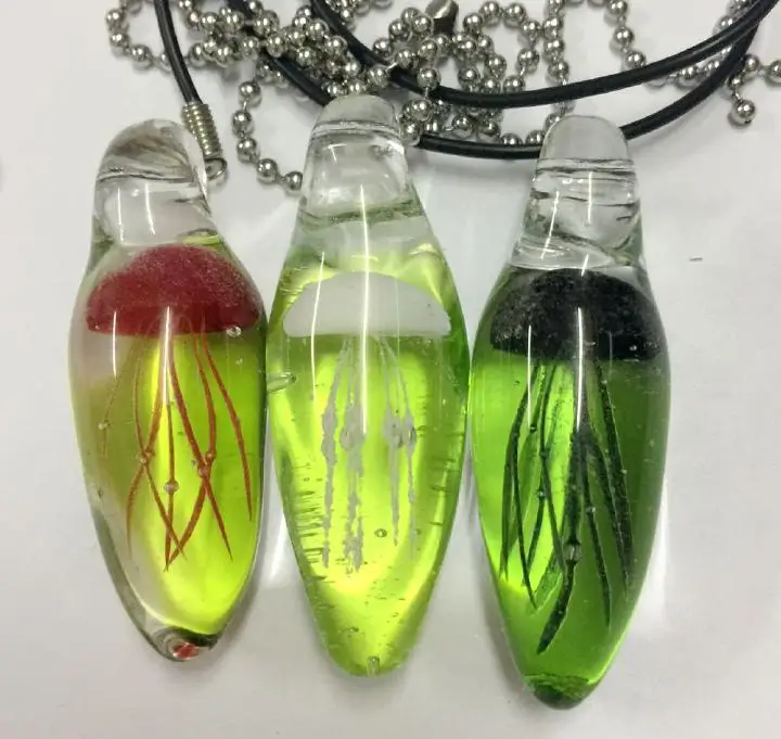 

3PCS MIX Jellyfish New Hand Blown Glass Pendant Green Back Tentacles Necklace Black Rope