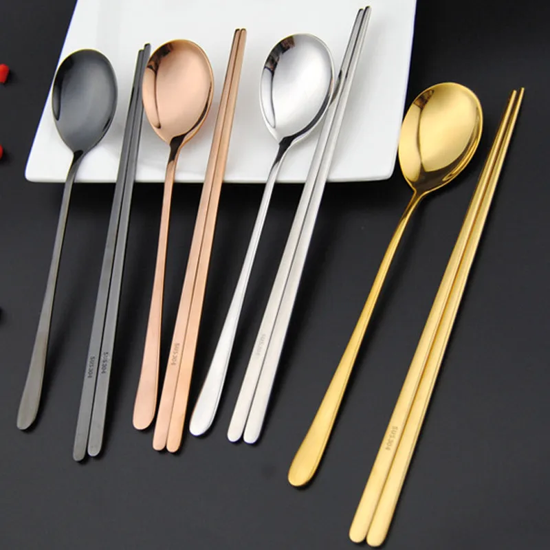 

2pcs/set Portable 304 Stainless Steel Korean Dinnerware Sets Black Rose Golden Silver Chopsticks Spoons Tableware Sets 50set/lot