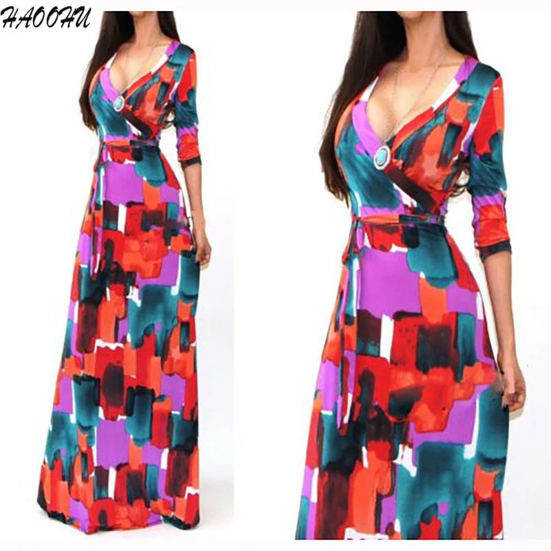 

2016 Autumn New Maxi Women dresses with belt Party dresses Sexy V-neck long sleeve Printed Maxi long dresses 973 DX