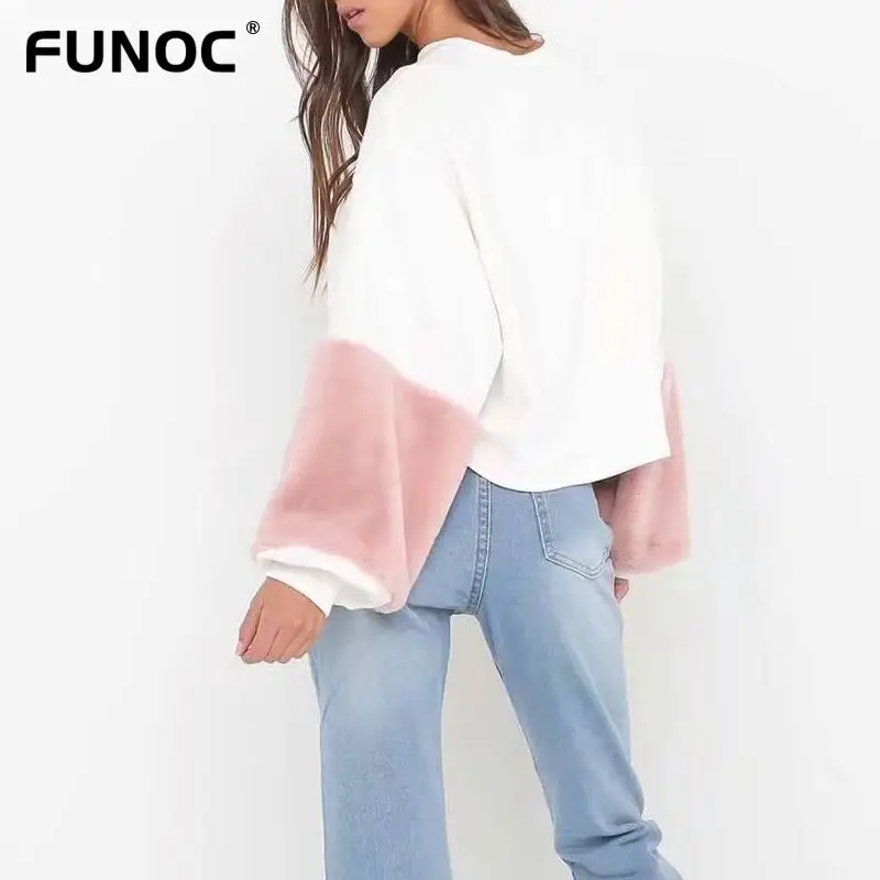 2017 Осень длинный рукав белый пуловер розовый искусственный мех Женский свитшот