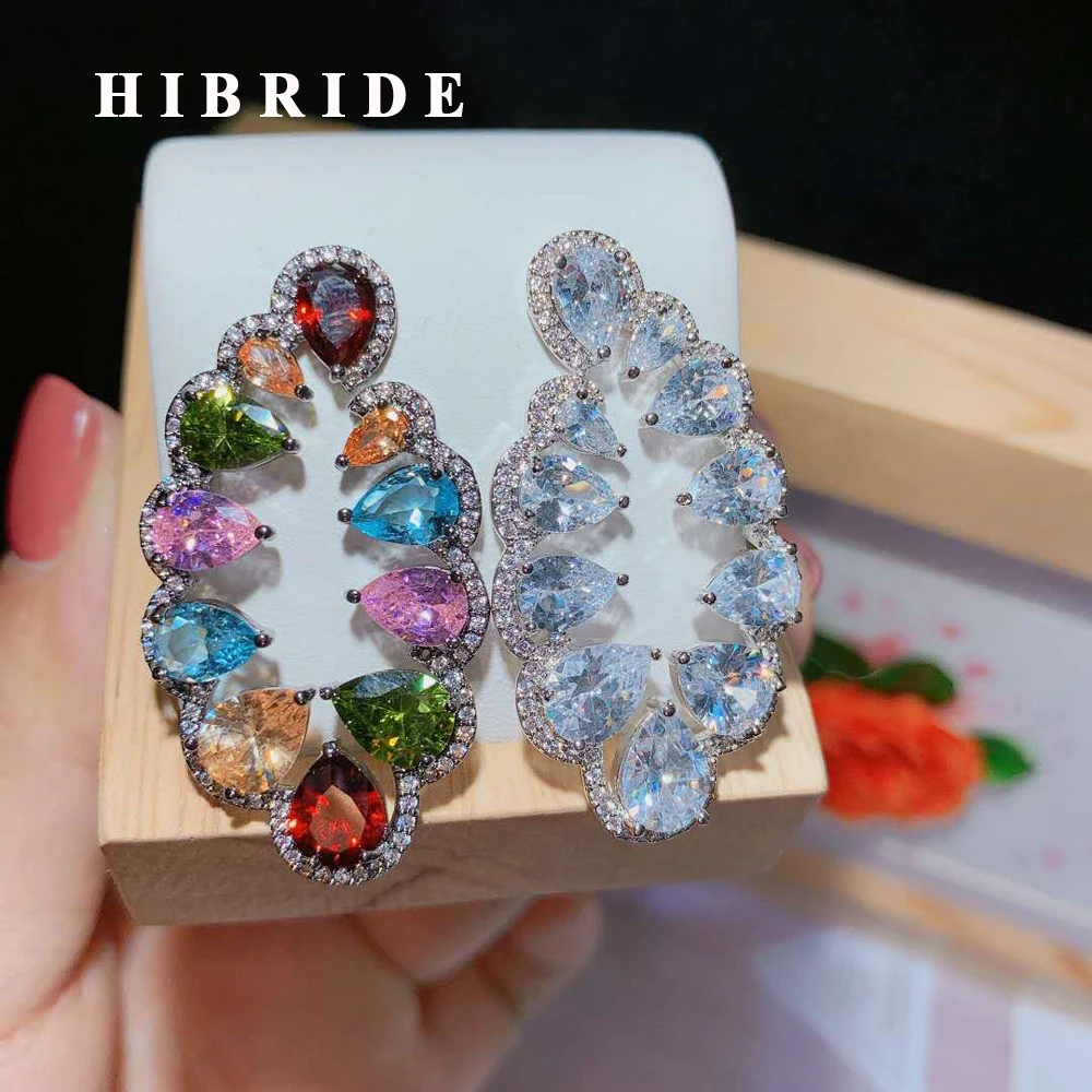 

HIBRIDE Elegant Crystal Geometric Design CZ Stone Stud Earrings Women Bride Party Accessories Boucle D'oreille Jewelry E-483