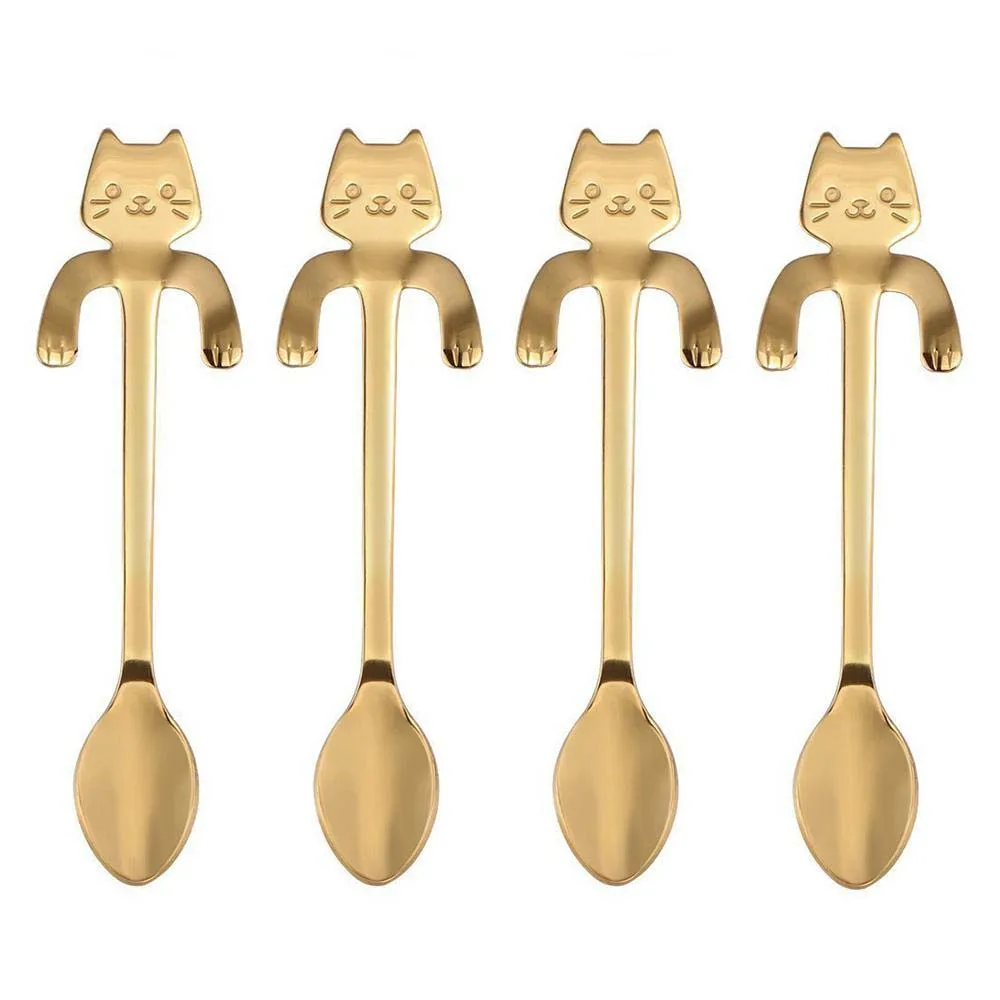 Gold 4pcs 4 шт. мини-ложки из нержавеющей стали для кошки, котенка, кофе, чая, десерта, напитков, смешивания, ложка для молочного коктейля, набор посуды, кухонные принадлежности - Цвет: Gold 4pcs