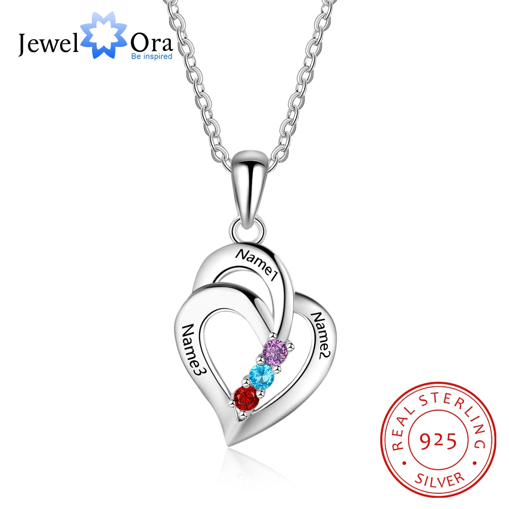 

JewelOra 925 Sterling Silver Personalized Mothers Necklace with 3 Birthstones Romantic Engrave Name Heart Pendants Gifts for Her