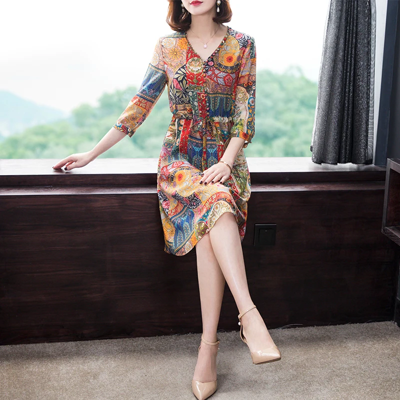 Платья из натурального шелка Новинка лета 2019 винтажное платье трапециевидной