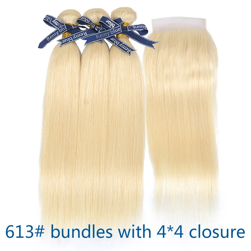 #613 Remyblue Ombre 1B 613 пучок s с закрытием Фронтальная 13*4 медовый блонд бразильские прямые волосы пучок с закрытием Remy человеческие волосы - Цвет: #613