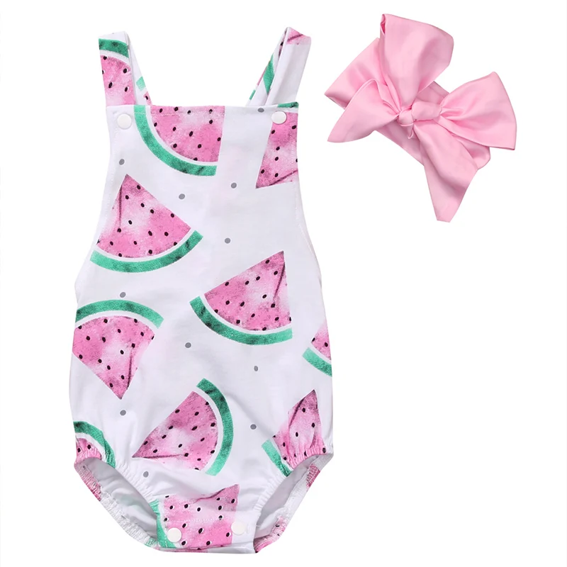 

0-24M Watermelon Outfits Newborn Baby Girls Summer Sleeveless Backless Princess Kids Romper Jumpsuit Sunsuit Headband Sunsuit