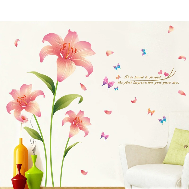 Romantic Pink Lily Flower Wall Decor Sticker Sweet Wedding Rooms Decoration Stickers Living Room TV Backdrop Floral Poster QT114 | Дом и сад