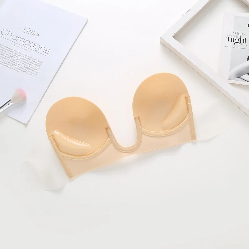 Skin Strapless Bra Силиконовый бюстгальтер без бретелек, пуш-ап, Бюстгальтеры на косточках, прозрачная боковая лента для женщин, платье с открытыми плечами, клейкое Нижнее белье размера плюс D - Цвет: Skin Strapless Bra