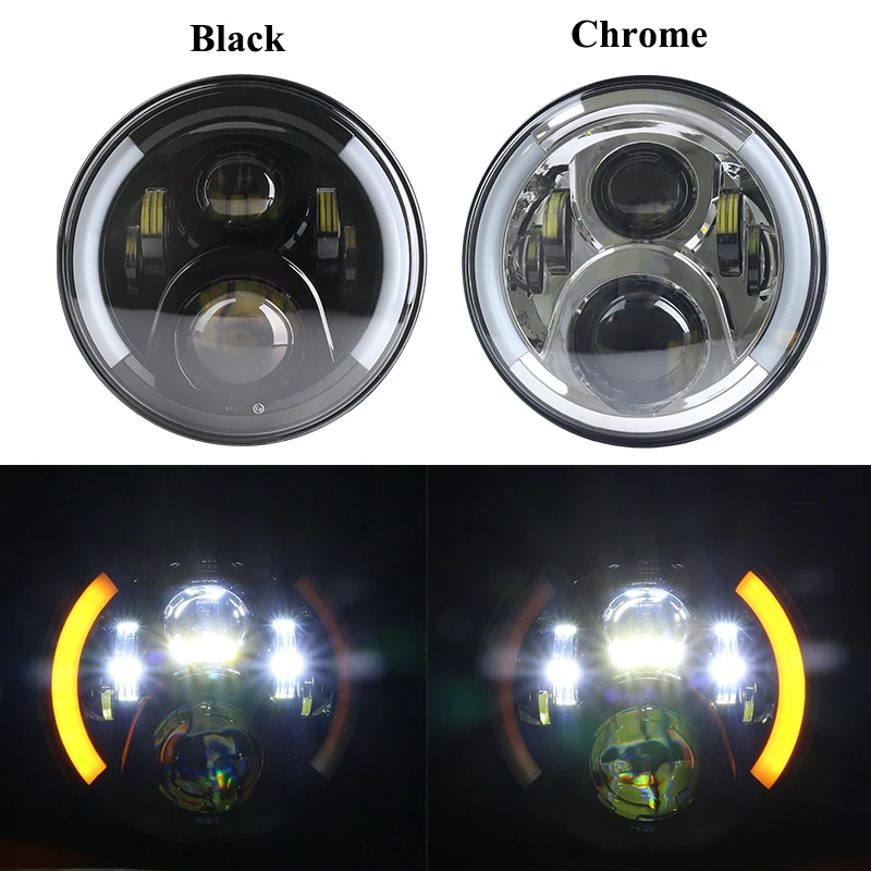 

1Pc 7"Led Headlight H4 High/Low Beam Off-road Light with White-Amber Angel Eyes and Unilateral Steering for Motorcycle Softail