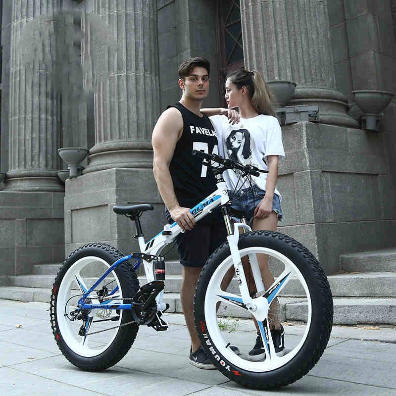 

26inch mountain bicycle fat tires 4.0 snow fold frame off-road bike front rear double shock 21/27speed Beach bike 3 Spoke wheels