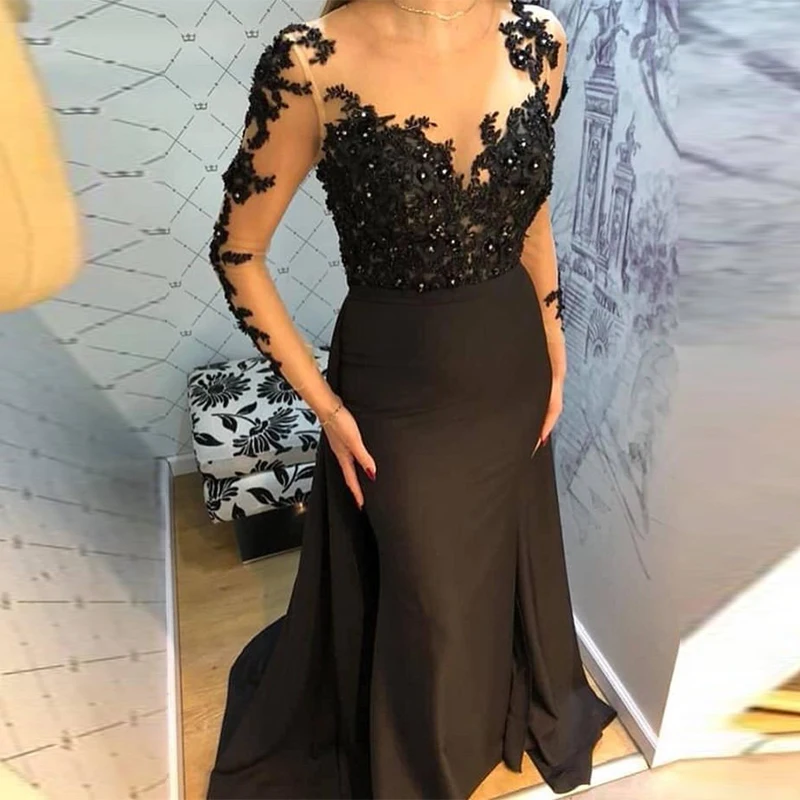 

Appliques Beaded Evening Dresses Mermaid Style Illusion Bodice Long Sleeves Black Formal Evening Party Gowns Robe De Soiree