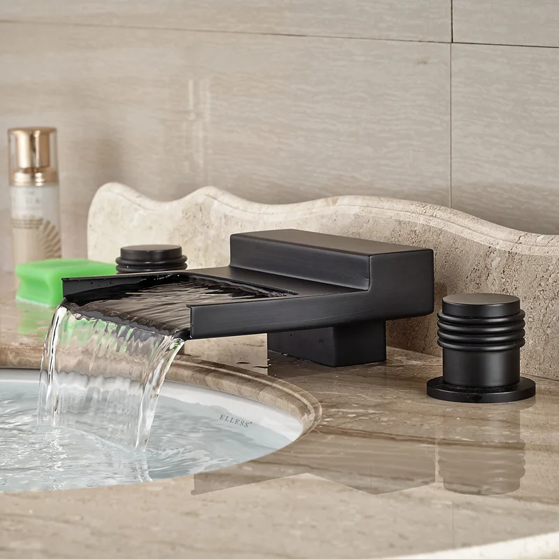 Смеситель для ванны с двойной ручкой черный кран раковины широким носиком