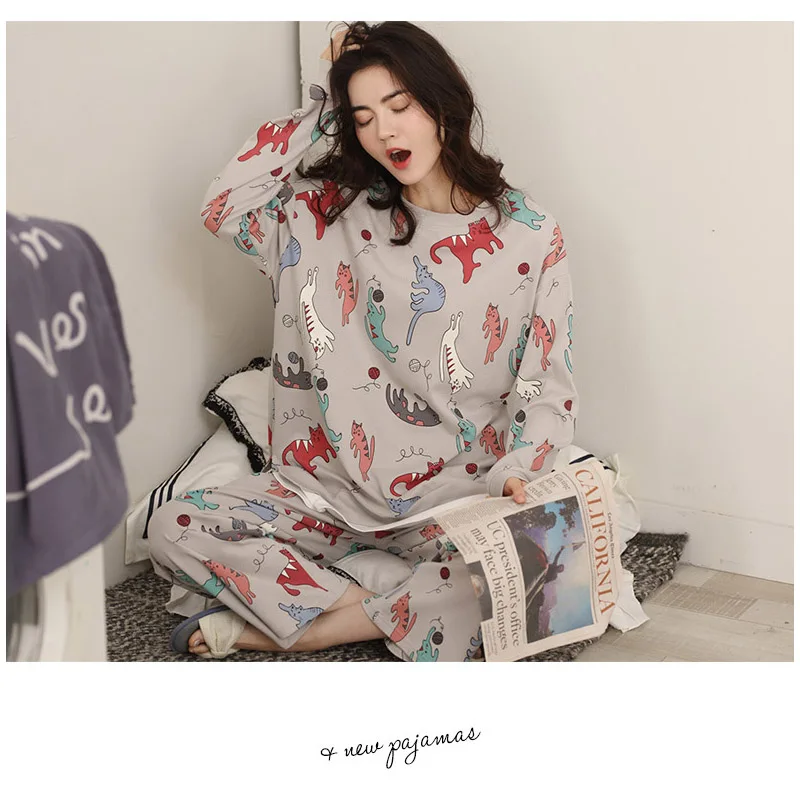 Cartoon pajamas Пижамы женские весна осень модели хлопок печати тонкий срез с длинными рукавами милые свободные жира большой размер домашняя служба пижамы костюм - Цвет: Cartoon pajamas