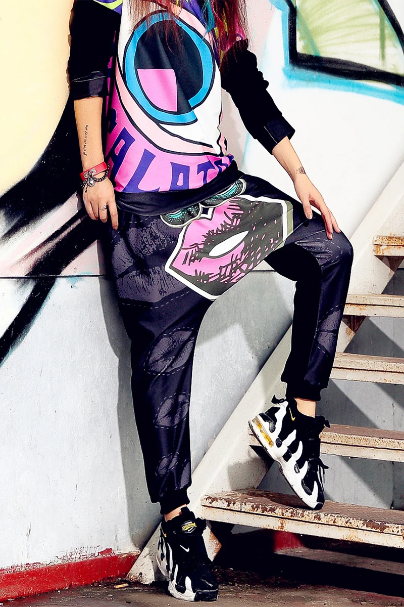 

Spring women's trousers new women's Harajuku style casual pants funny red lips big pants pants harem pants street dance pants