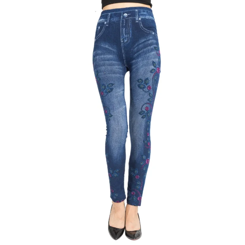 Women's Sexy Floral Jeans Jeggings High Waist Stretch Denim Print Leggings with Pocket