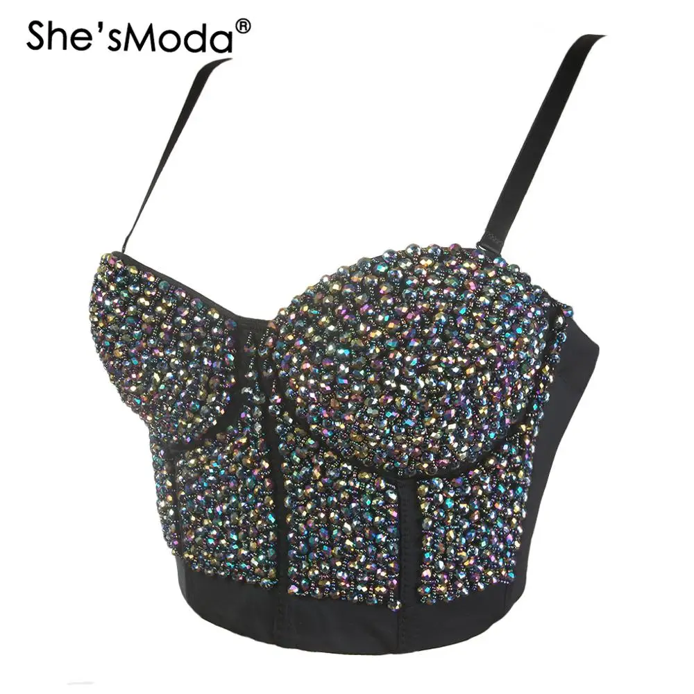 She'sModa Metal Bead Bustier Pearls Diamond Push Up Night Club Bralette Women's Bra Cropped Top Vest Plus Size