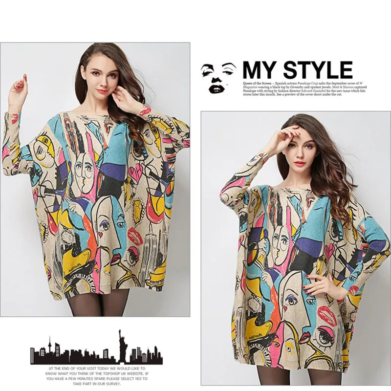 XIKOI Pullover Women Sweaters Printing Slash Long Loose Jacket Clothes Computer Knitted Casual Smiley Spring Autumn Trend | Женская