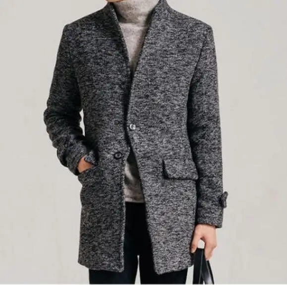 

S-5XL / HOT / Winter Men's New Fashion Long and medium-sized slim woolen collar single-row coat