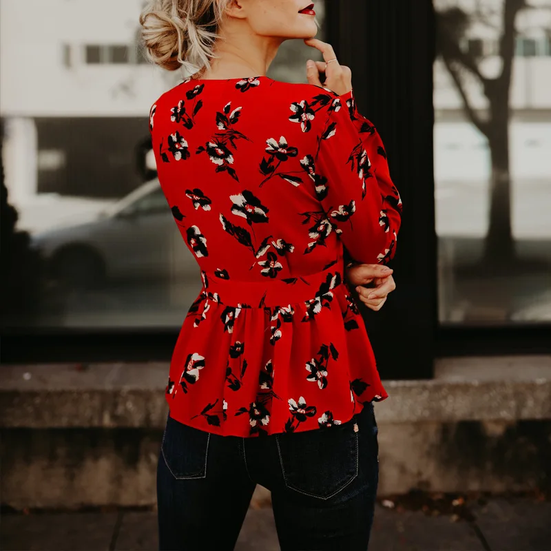 women blouse fashion sexy deep v-neck flower printed female ladies clothing womens top shirt |
