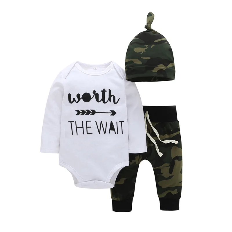 

Newborn Baby boy girl clothes Drop shipping Worth The Wait Bodysuit+Camouflage green pants+Hat 3pcs Autumn Baby clothing outfit