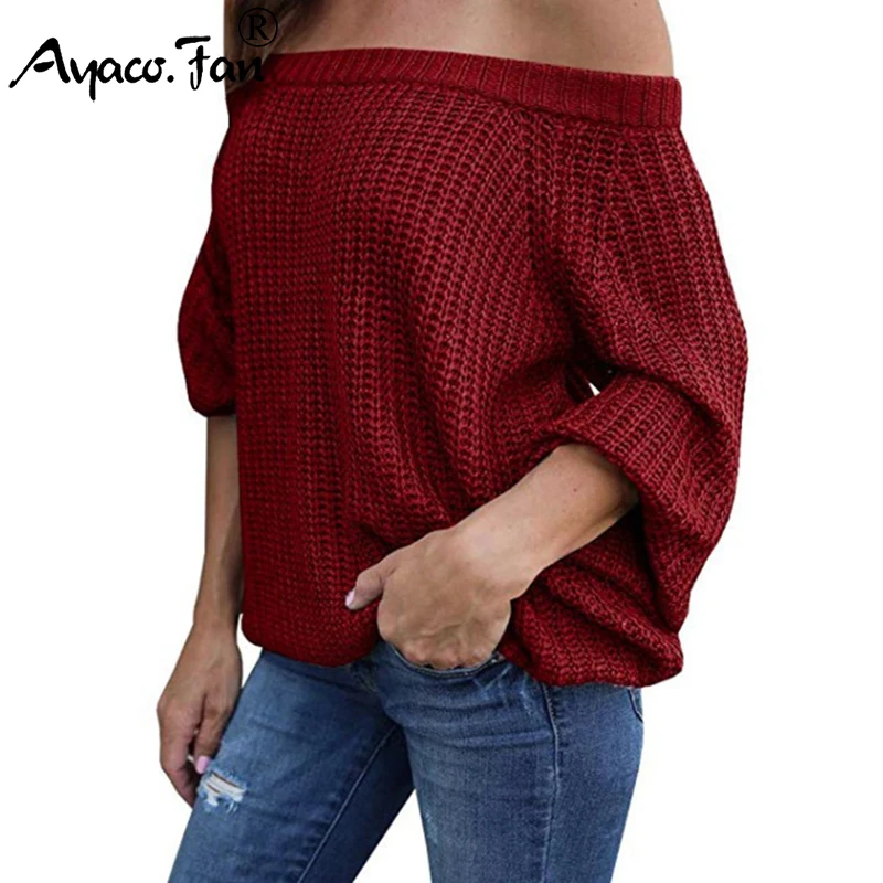 Pullovers 2019 Autumn Winter New Solid Off Shoulder Lantern Sleeve Knitted Sweaters for Women Female Lady Loose Pull Plus Size | Женская