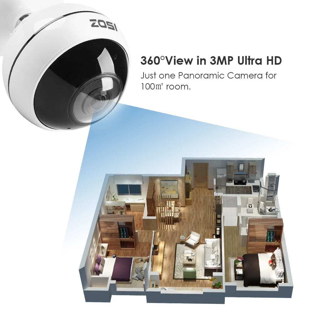 ZOSI 3 Мп Ultra HD Беспроводная Wi Fi IP камера панорамная видеонаблюдения рыбий глаз