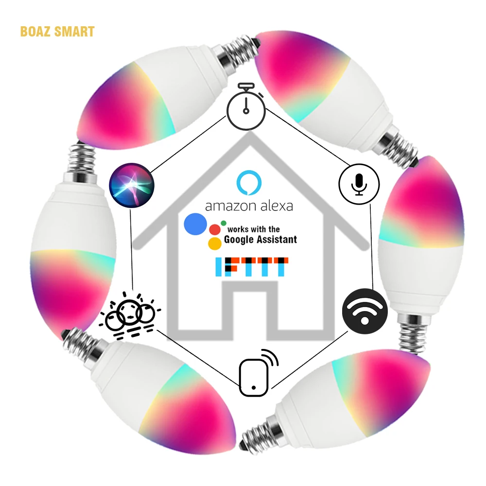 Умная лампа E12 светодиодный 5 Вт для Alexa, Google Assistant и Siri, Wi-Fi с регулируемой яркостью RGBW смартфон управление СВЕТОДИОДНЫЙ свеча для домашней лампы 6 шт