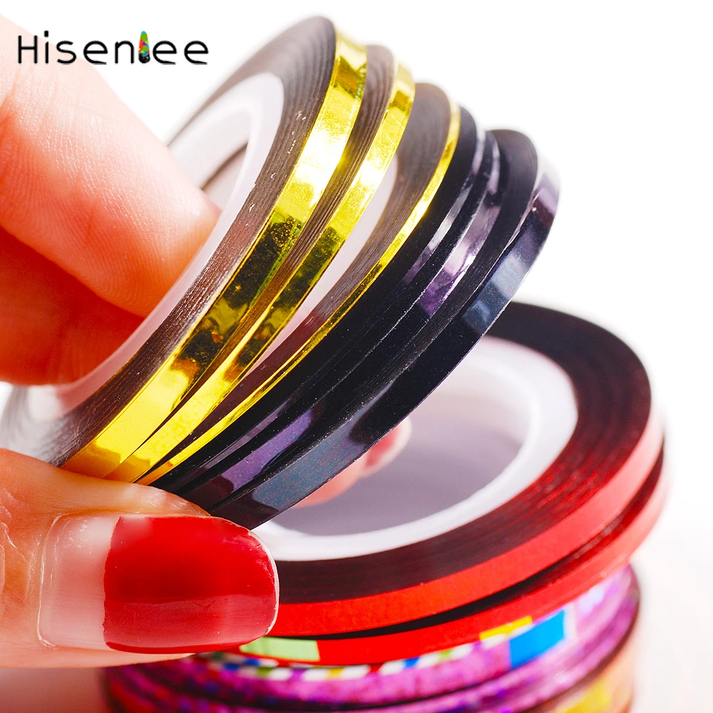 Hisenlee 3 рулонов 1 мм 2 мм 3 мм Nail Art Блеск съемная лента для линии, полосы инструменты для украшения ногтей клей наклейки для маникюра