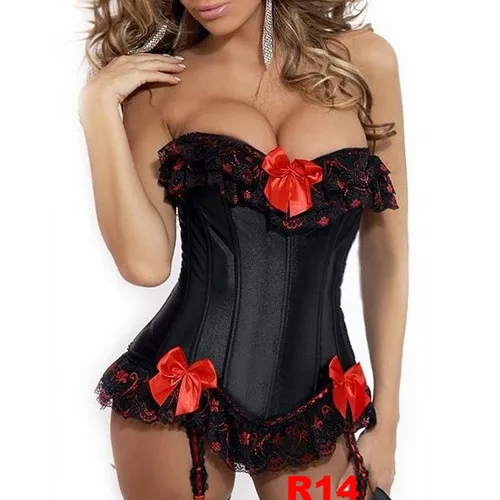 HOT Sexy Corselet Women Black Bone Bustier Corset With Red Bow+G string Set Lingerie S M L XL XXL 3XL 4XL 5XL 6XL- Free Shipping | Женская