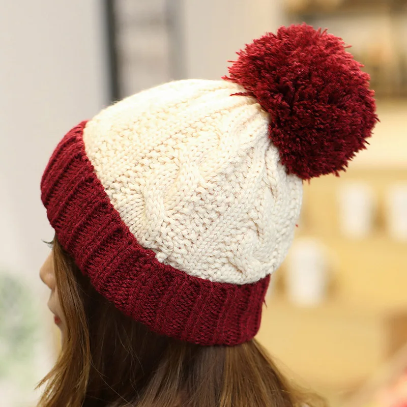 Winter Keep Warm Knitted Hat Women Outdoor Warm Double Color Cap Female Creative Pompom Decoration Cap Beanies