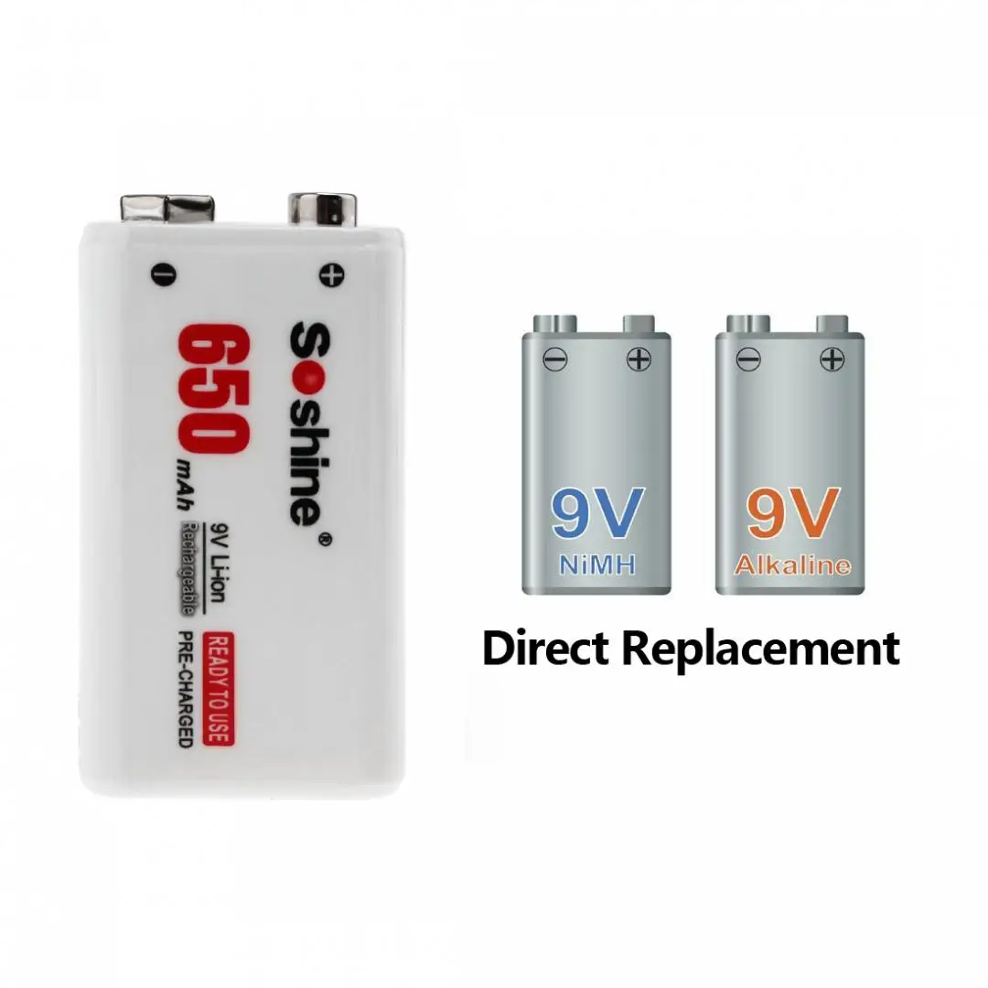 Soshine 9V 650mAh Rechargeable Lithium Battery 6F22 li-ion battery for Multimeter Walkie-talkie wireless microphone+ Box | Электроника