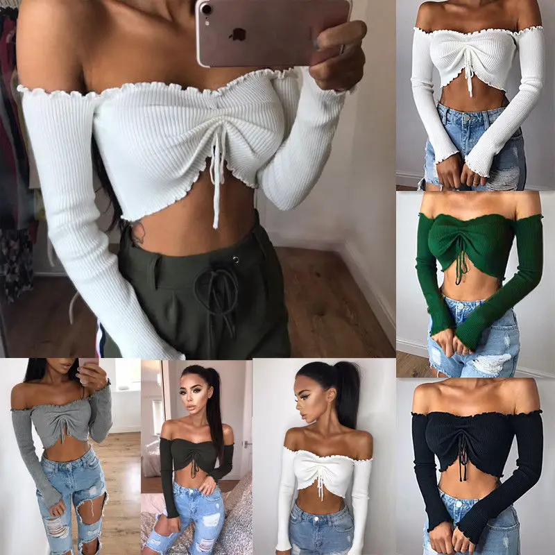 Женский вязаный свитер короткий топ с длинным рукавом и вырезом лодочкой|off shoulder