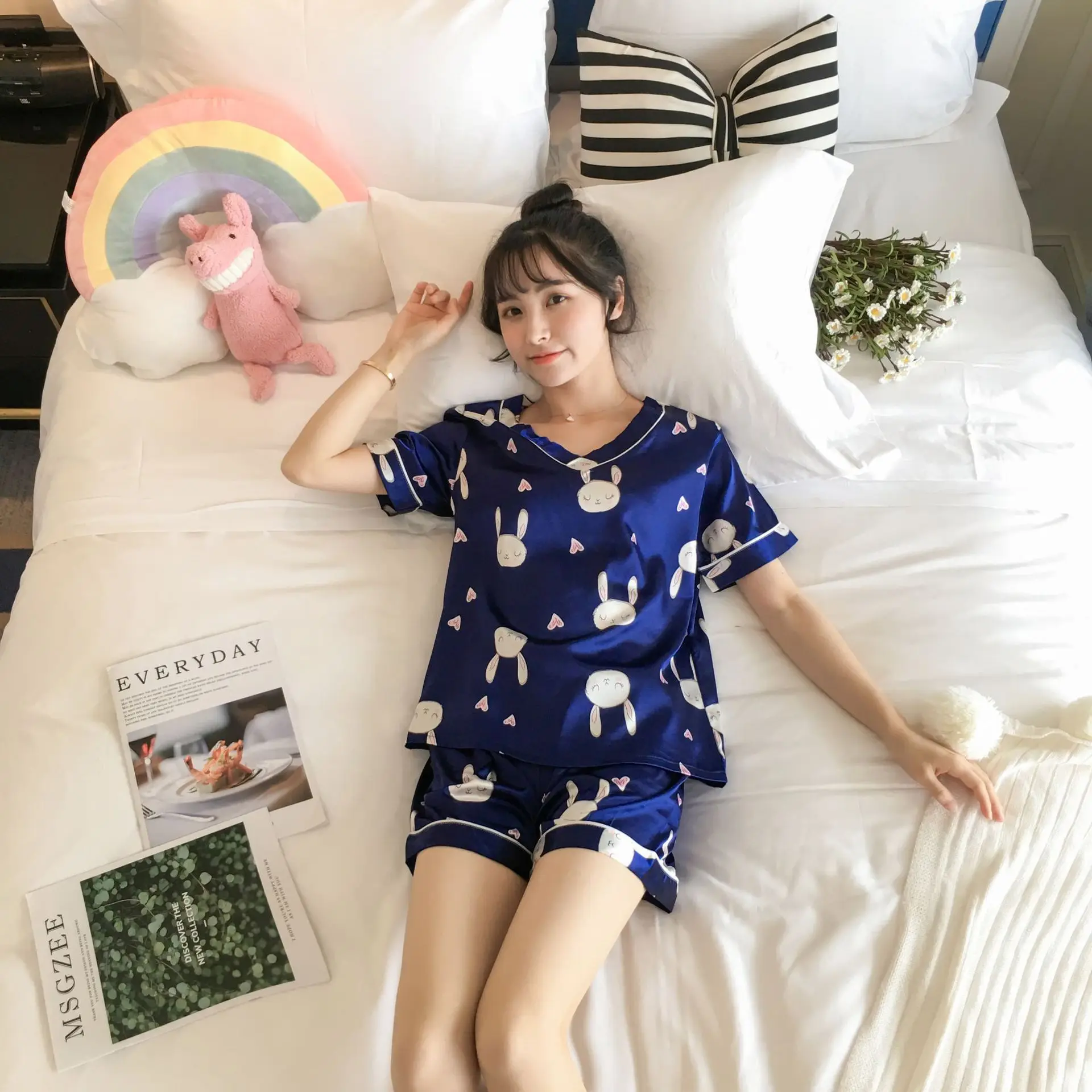 U Pajama girls summer ice silk short sleeves two pieces of suit Korean fresh sweet lovely students thin silk home clothes - Цвет: U