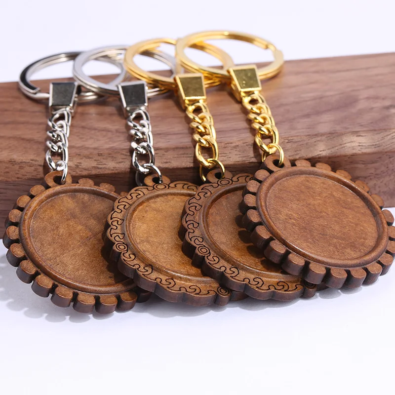 

reidgaller 3pcs Wood Cabochon Keychain Base settings 30mm dia wooden cameo bezel blanks diy key chain keyring accessories