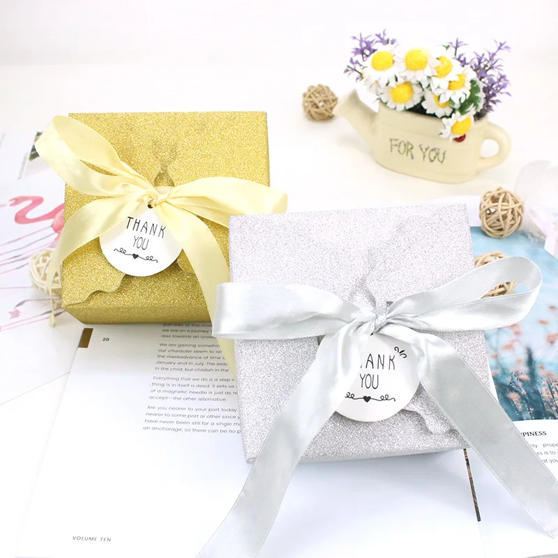 AVEBIEN 50pcs Event Party Gift Boxes with Ribbon Wedding Decoration Cake Package Gold/Sliver Star Paper Chocolate Wrap for Guest